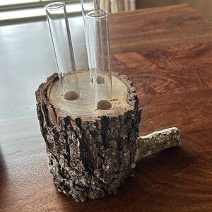 Natural Wood Log Vase with Glass Tubes
